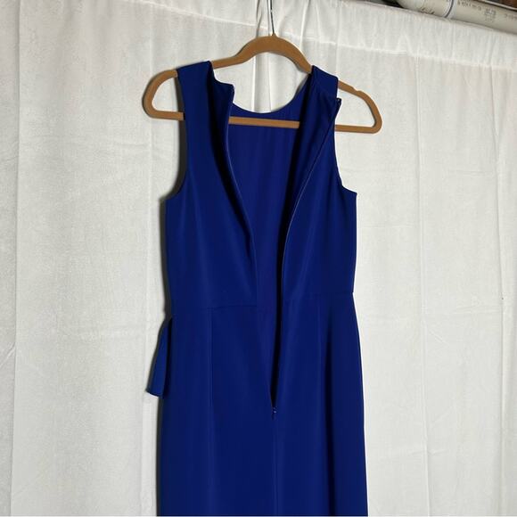 Mikael Aghal Royal Blue High Neck Sleeveless Ruffle Waist Slit Leg Maxi Dress 2 - Picture 4 of 6